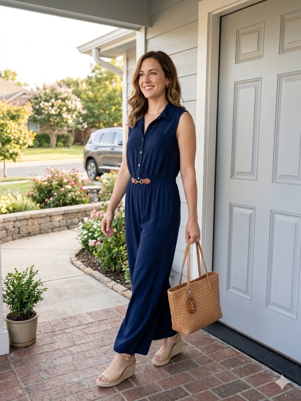 Perception Concept Navy Blue Sleeveless Jumpsuit - Wide Leg with Faux Belt